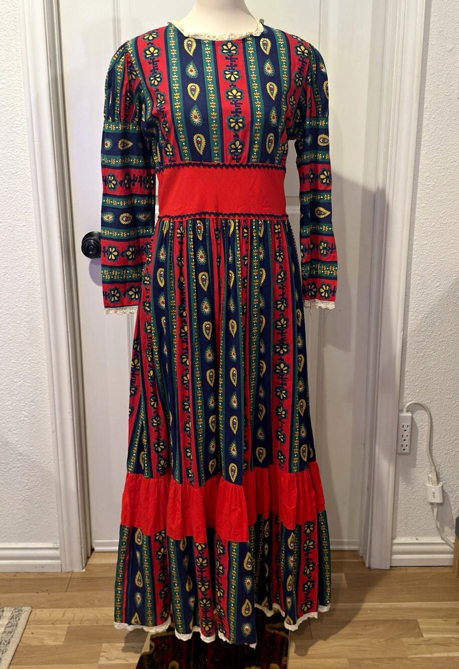Colorful Handmade Cotton Tiered Cottagecore Folk Prairie Puff Sleeve Maxi Dress